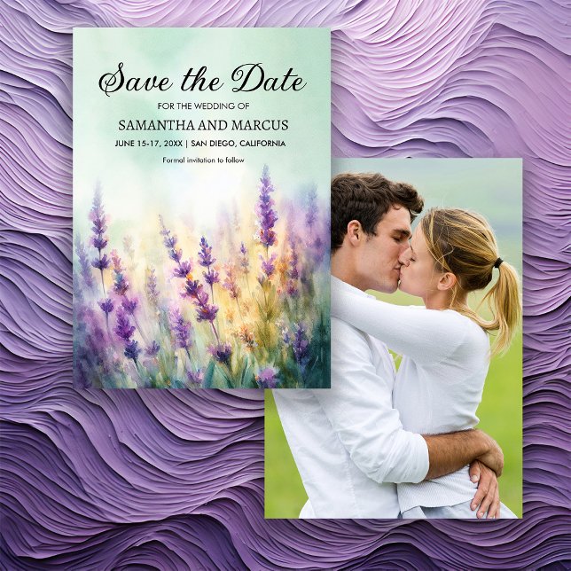 Spring Lavender Floral Wedding Foto Rett Datum Save The Date (Purple lavender floral springtime/summer wedding Save the Date photo card)