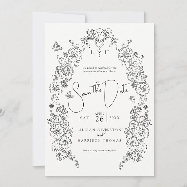 Spring Lilie line Art Mono Foto Hochzeit Save The Date (Vorderseite)
