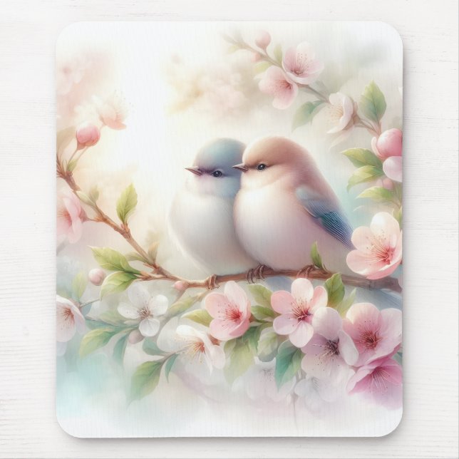 Spring Love Birds Cherry Blossom Floral Mousepad (Vorne)