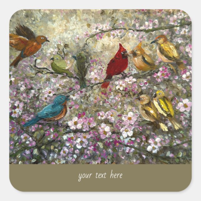 Spring Meet: Colorful Songbirds Bird Lovers Gifts Quadratischer Aufkleber (Vorderseite)