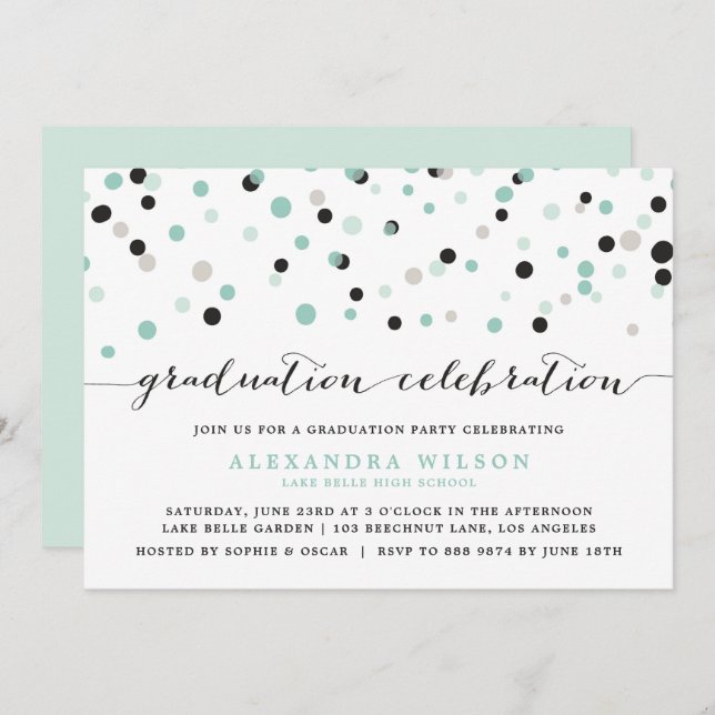 Spring Mint Confetti Dots Abschluss Einladung (Vorne/Hinten)