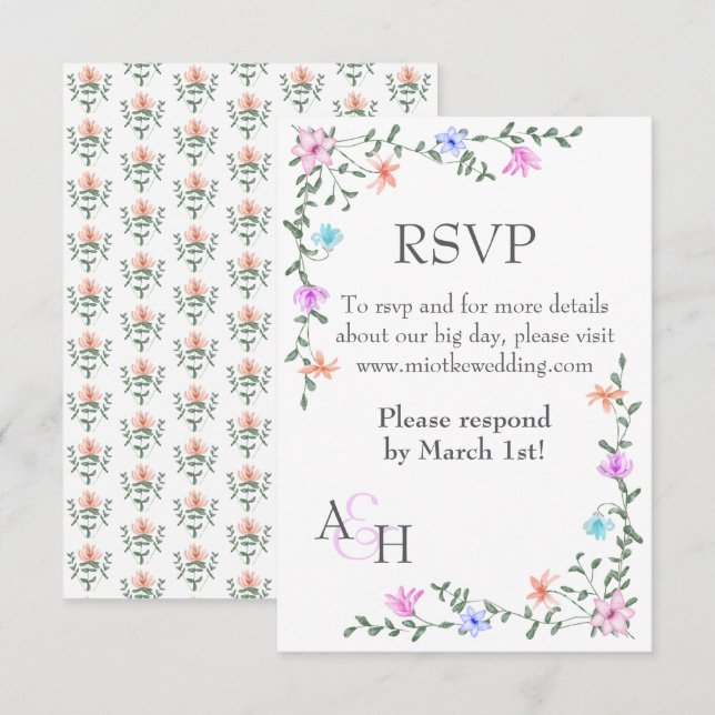 Spring Mix Rosa, Lila, Peach Rose Hochzeit RSVP Karte (Vorne/Hinten)