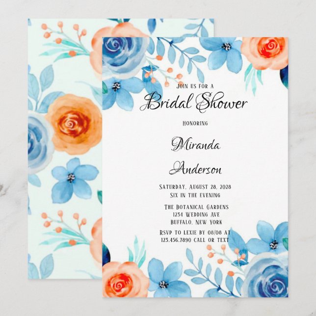 Spring Paint Blue Orange Florals Brautparty Einladung (Vorne/Hinten)