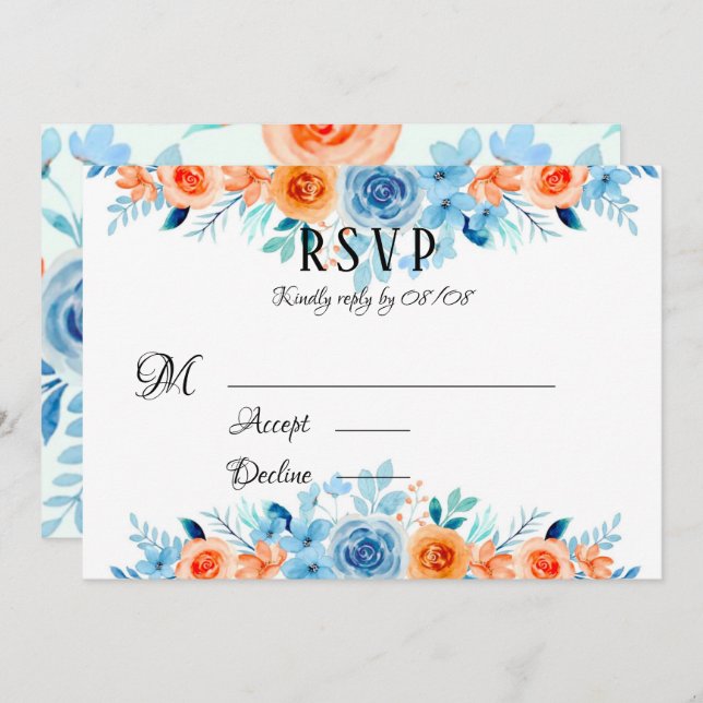 Spring Paint Blue Orange Florals Wedding RSVP Card Einladung (Vorne/Hinten)