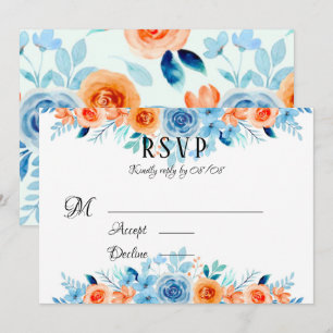 Spring Paint Blue Orange Florals Wedding RSVP Card Einladung