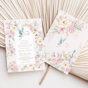 Spring Pastel Pink Stork Wildblume Babydusche Einladung