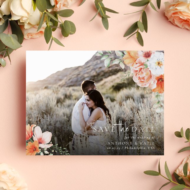 Spring Peach floral Wedding Save the Date Foto Ankündigungspostkarte (Von Creator hochgeladen)