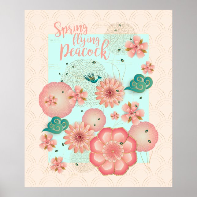 Spring Peach Garden Flying Peacock Floral Ornament Poster (Vorne)