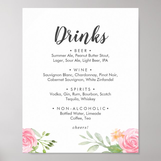 Spring Peony Wedding Drinks Menü Signatur Poster (Vorne)