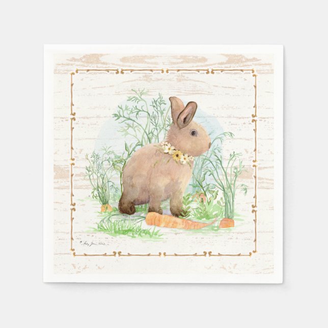 Spring Peter Rabbit Carrot Garden Wasserfarbe Holz Serviette (Vorderseite)