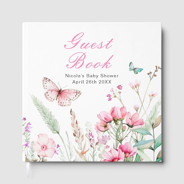 Spring Pink Butterfly Floral Baby Shower Gästebuch (Vorderseite)