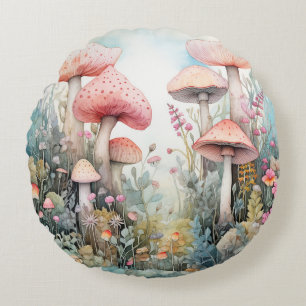 Spring Pink Mushroom Vibes Watercolor Rundes Kissen