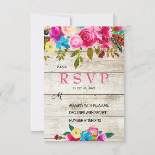 Spring Pink Watercolor Floral Wood RSVP Karte