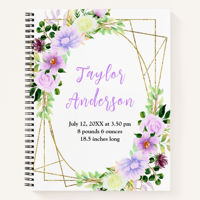 Spring Purple Floral Baby Birth Stats Notizbuch (Vorderseite)