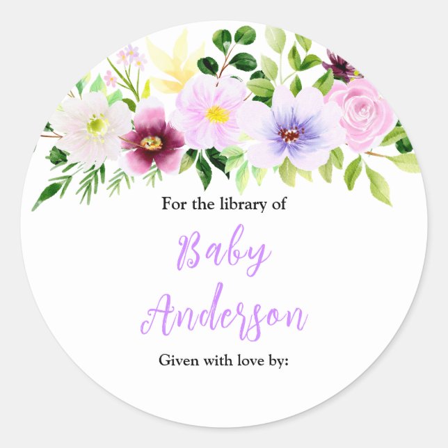 Spring Purple Floral Baby Shower Bookplate Runder Aufkleber (Vorderseite)
