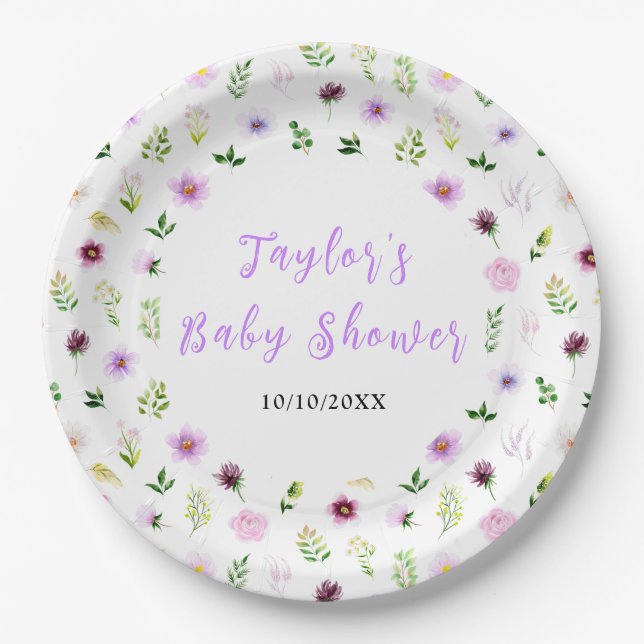 Spring Purple Floral Baby Shower Pappteller (Vorderseite)