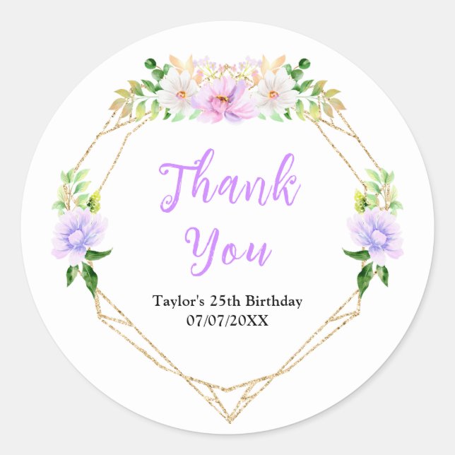 Spring Purple Floral Birthday Party Thank You Runder Aufkleber (Vorderseite)