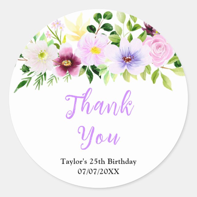 Spring Purple Floral Birthday Party Thank You Runder Aufkleber (Vorderseite)