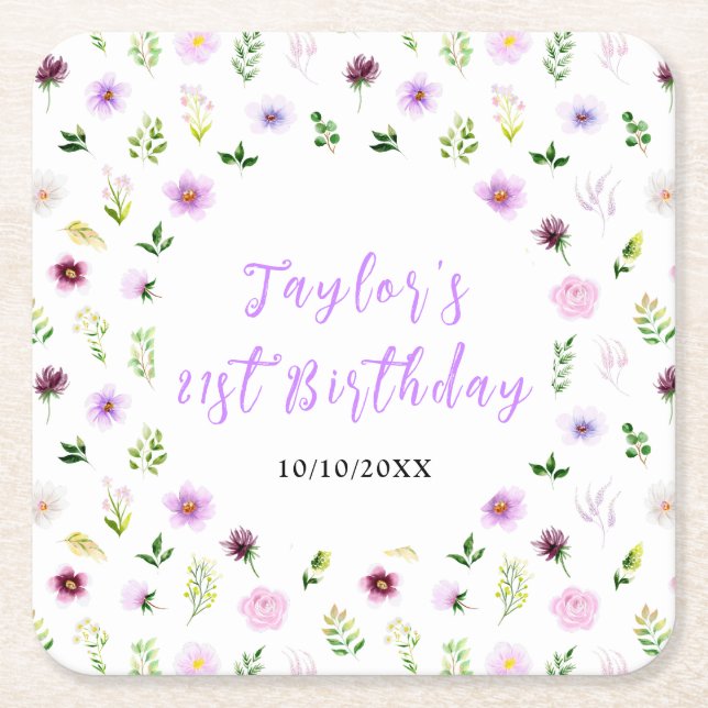 Spring Purple Floral Birthday Rechteckiger Pappuntersetzer (Vorderseite)