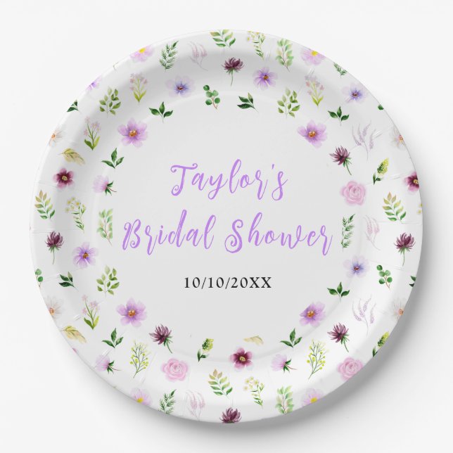 Spring Purple Floral Bridal Shower Pappteller (Vorderseite)