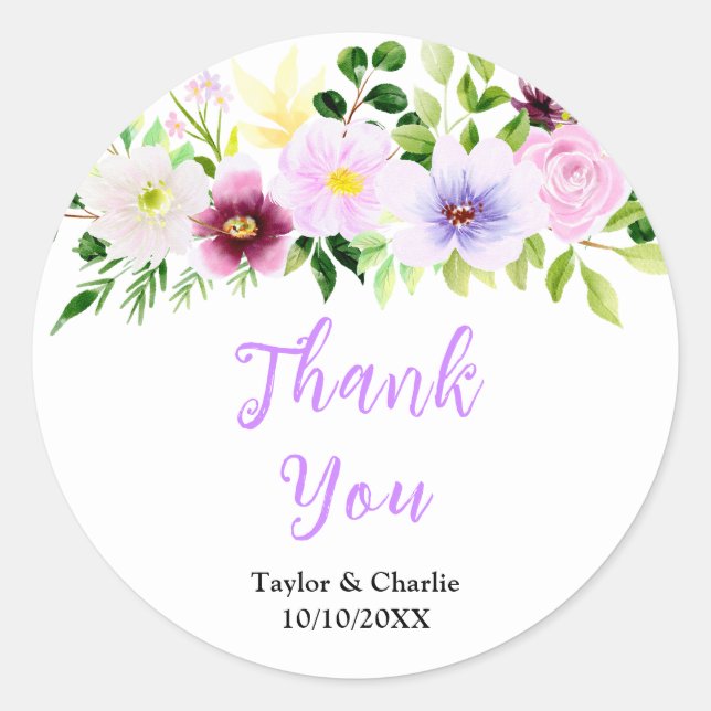 Spring Purple Floral Wedding Thank You Runder Aufkleber (Vorderseite)