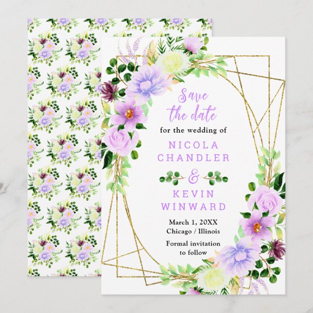 Spring Purple Flowers with Foliage Save The Date (Vorne/Hinten)