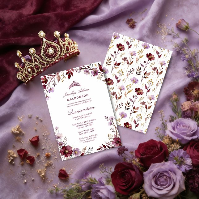 Spring Purple-Toned Botanical Branches Tiara XVs Einladung (Stylish Spring Botanical Purple-Toned Exquisite Branches Quinceañera Invitation Cards.)
