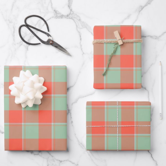 Spring Rain and Persimmon Plaid Green Apricot Geschenkpapier Set (Vorderseite)