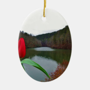 Spring Red Tulip at Lake Arrowhead Keramik Ornament
