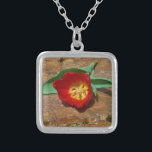 Spring Red Tulip Versilberte Kette<br><div class="desc">Frühlingsroter Tulip gegen einen braunen Felsen am Arrowhad-See. Foto von Sandy Closs. Ostern,  Blumen,  rote Blume,  Frühling,  Valentine,  Valentine,  Hochzeiten,  Hochzeiten,  Valentinstag</div>