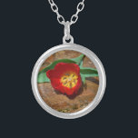 Spring Red Tulip Versilberte Kette<br><div class="desc">Frühlingsroter Tulip gegen einen braunen Felsen am Arrowhad-See. Foto von Sandy Closs. Ostern,  Blumen,  rote Blume,  Frühling,  Valentine,  Valentine,  Hochzeiten,  Hochzeiten,  Valentinstag</div>