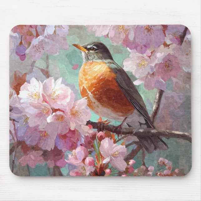 Spring Robin Pink Cherry Blossom Mousepad (Vorne)