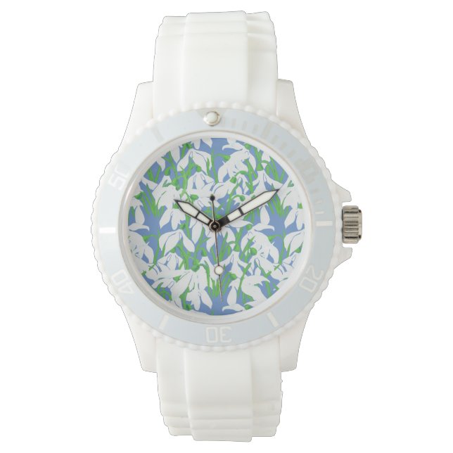 Spring Snowdrop Blume Muster auf Pulverblau Armbanduhr (Vorderseite)