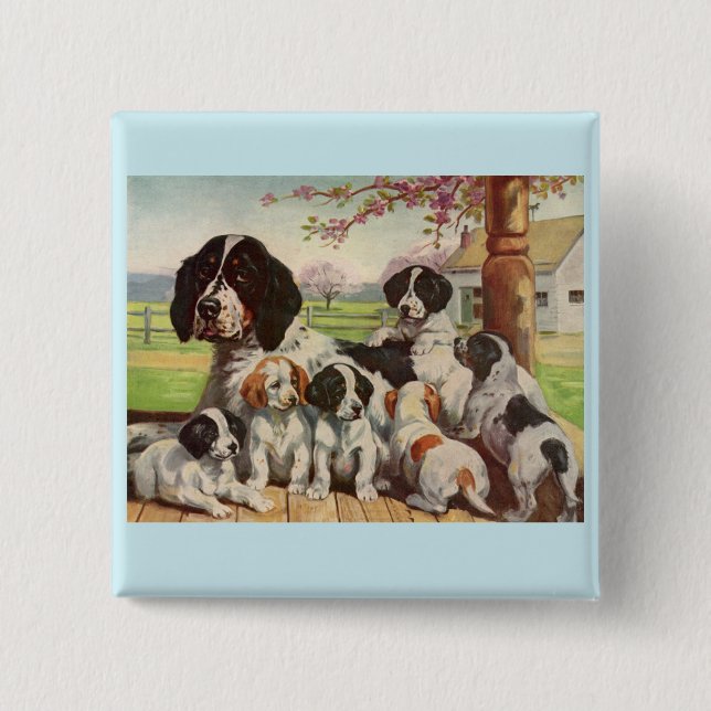 Spring Spaniel Mom and Welpen Button (Vorderseite)