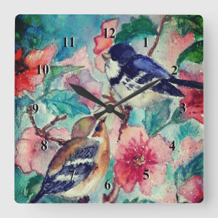 Spring Sparrows Wall Clock Painting Quadratische Wanduhr
