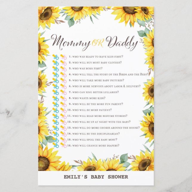 Spring Sunflower Baby Shower Game DRUCKT (Vorderseite)