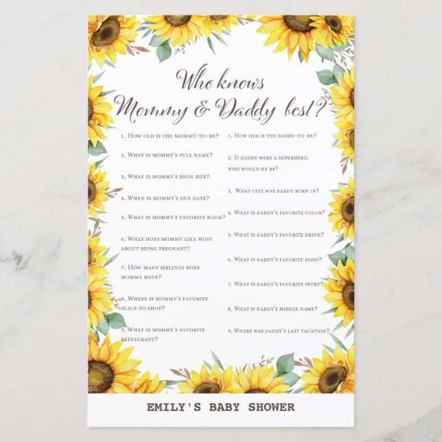 Spring Sunflower Baby Shower Game DRUCKT (Vorderseite)