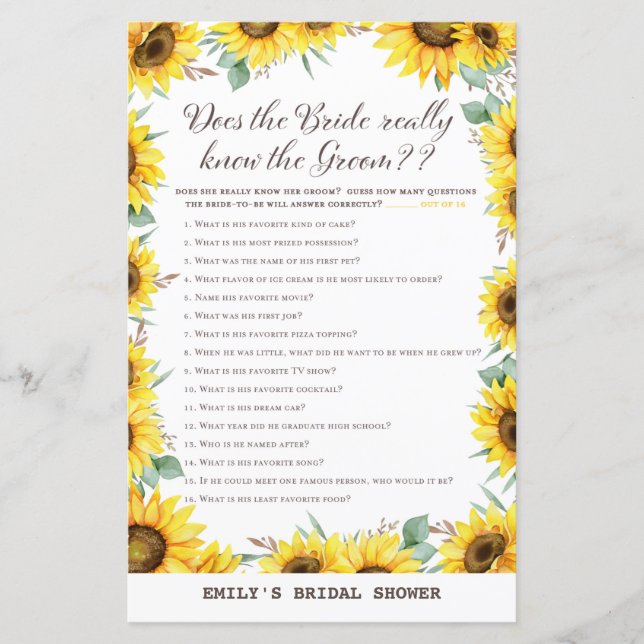 Spring Sunflower Brautparty Game DRUCKT (Vorderseite)
