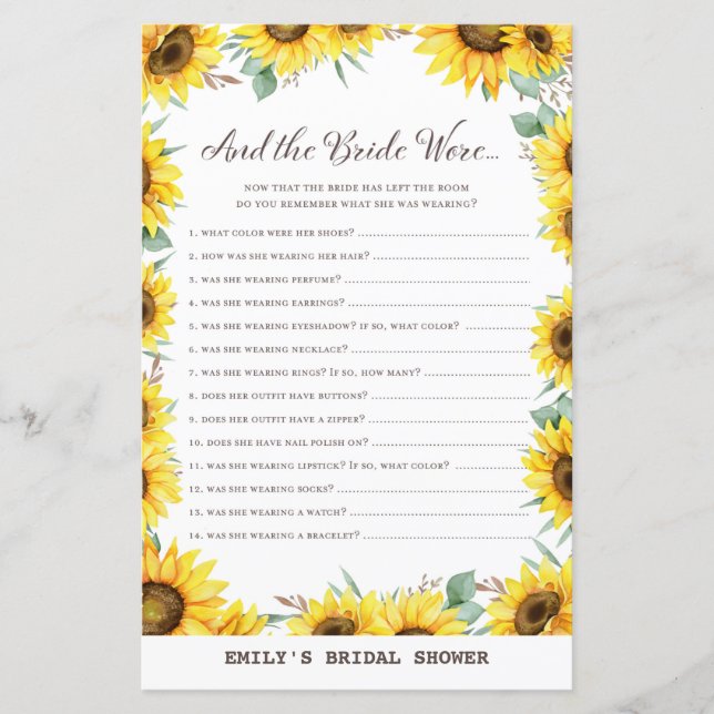 Spring Sunflower Brautparty Game DRUCKT (Vorderseite)