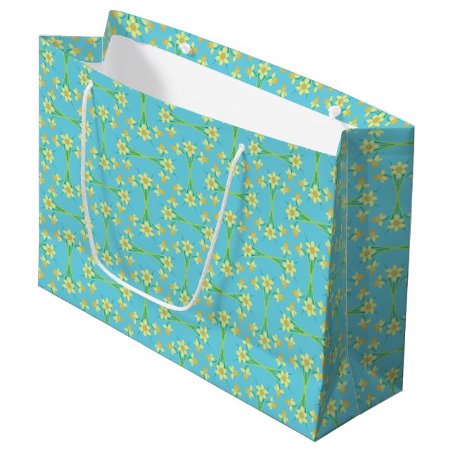 Spring Sunshine Daffodien auf Blue Large Gift Bag Große Geschenktüte (Vorderseite Schrägansicht)