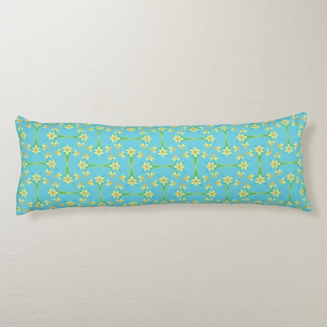 Spring Sunshine Daffodien auf Sky Blue Body Pillow Seitenschläferkissen (Rückseite)