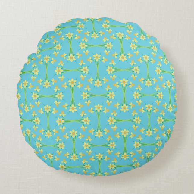 Spring Sunshine Daffodils Sky Blue Round Pillow Rundes Kissen (Vorderseite)