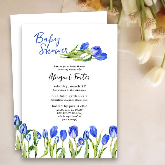 Spring Tulip Blume Blue Floral Baby Dusche Einladung (Spring Baby Shower Invitation with blue tulips)