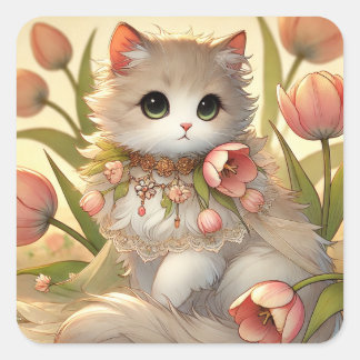 Spring Tulip Cat Quadratischer Aufkleber