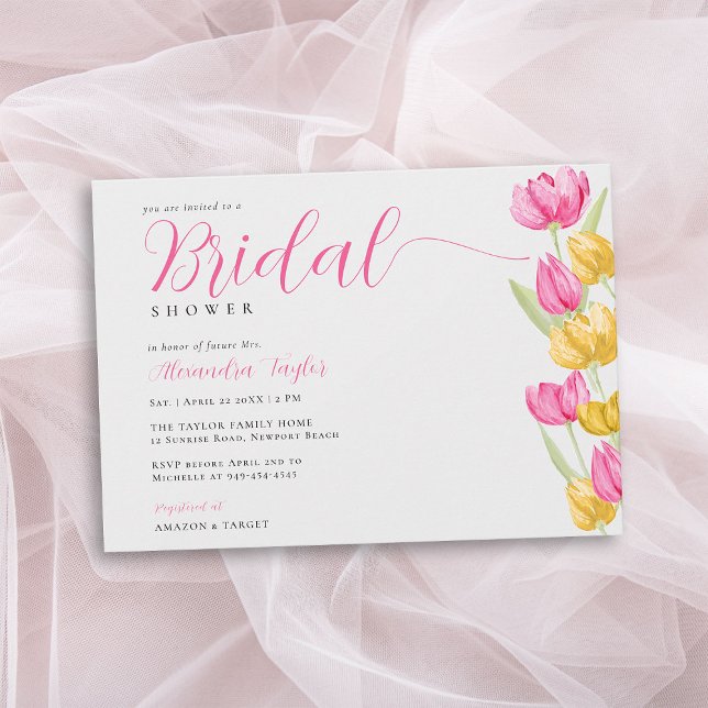Spring Tulips Boho Chic Hot Pink Brautparty Einladung (spring bridal shower invitation tulips hot pink yellow watercolor boho chic calligraphy pretty)
