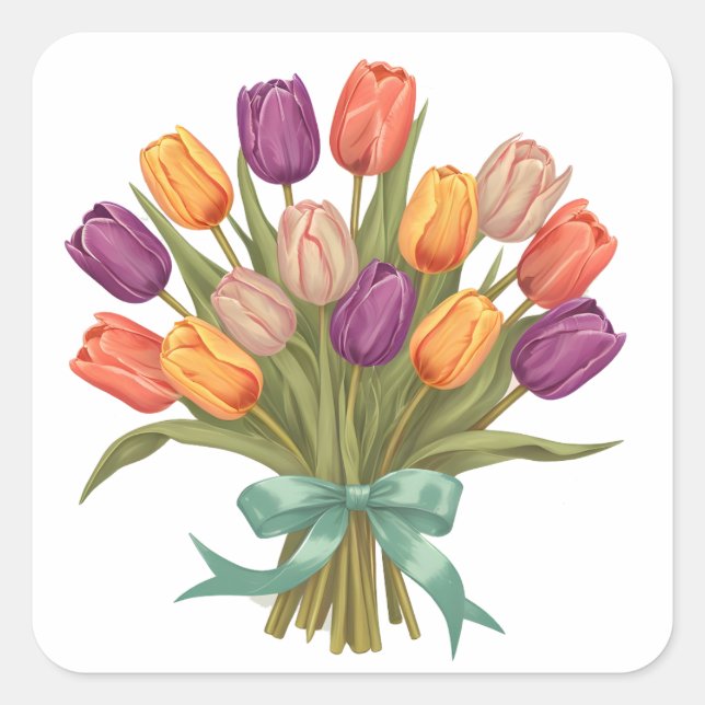 Spring Tulips Bouquet Quadratischer Aufkleber (Vorderseite)