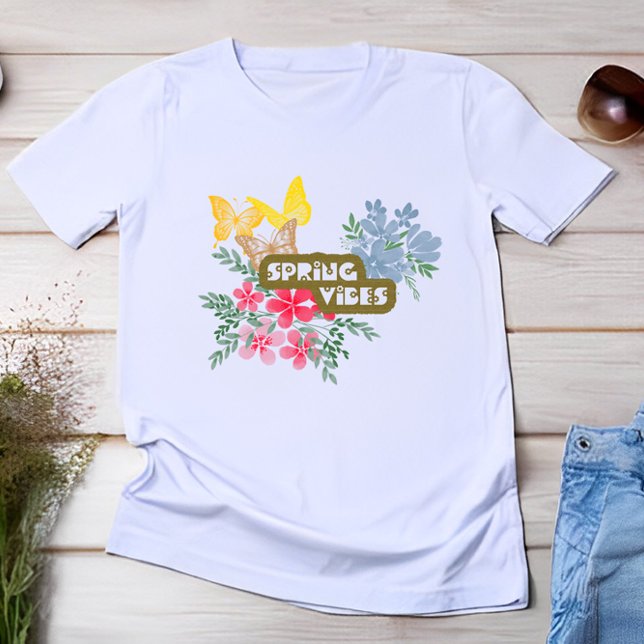 Spring Vibes Season farbenfrohe Blume & Schmetterl T-Shirt (Von Creator hochgeladen)