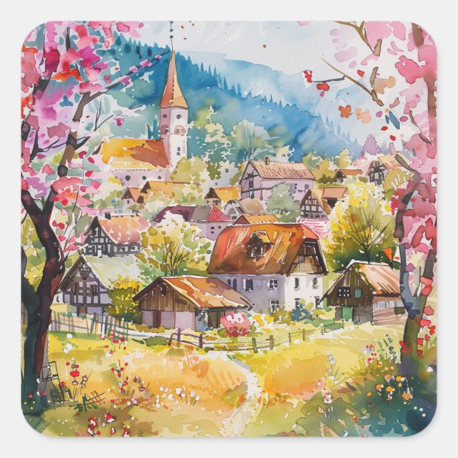 Spring Village Quadratischer Aufkleber (Vorderseite)