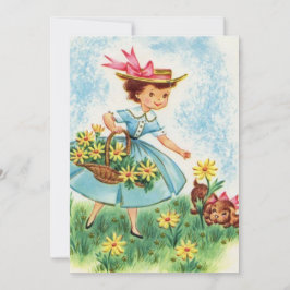 Spring Vintag Girl and Puppy Picking Blume Feiertagskarte