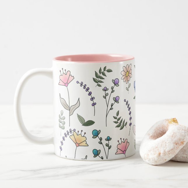 Spring Wassercolor Doodle-Blume Zweifarbige Tasse (Mit Donut)